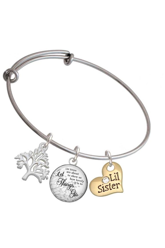 Goldtone Large Lil Sister Heart with Clear Crystal - Silvertone Let Things Go Tree Charm Bangle Bracelet
