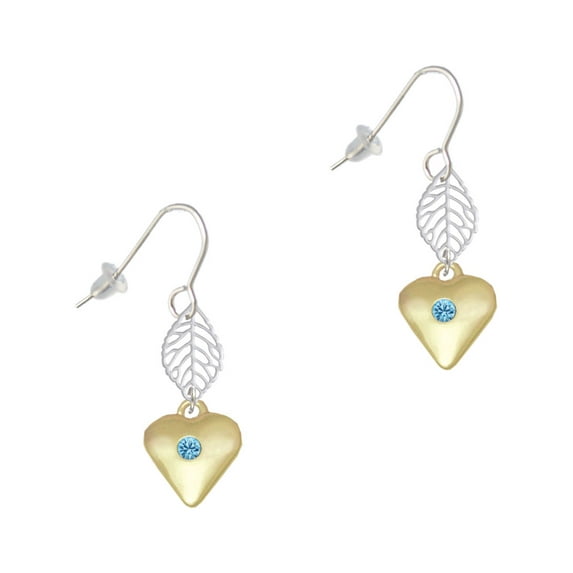 Delight Jewelry Goldtone Large March - Hot Blue Crystal Heart Silvertone Leaf French Earrings