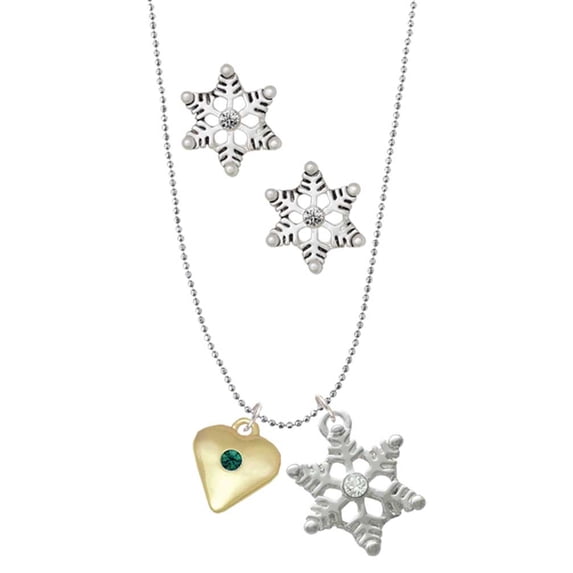 Delight Jewelry Goldtone Large May - Green Crystal Heart Silver tone Snowflake Charm Necklace and Stud Earrings