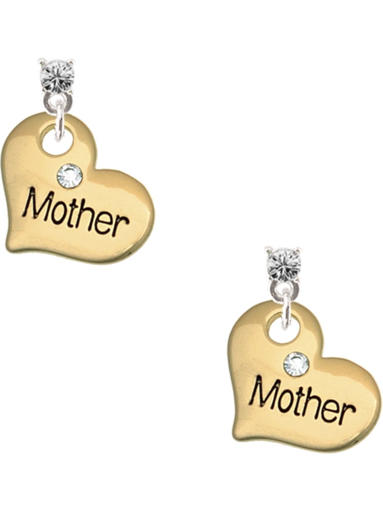 Delight Jewelry Goldtone Large Mother Heart with Crystal - Clear Crystal Post Earrings