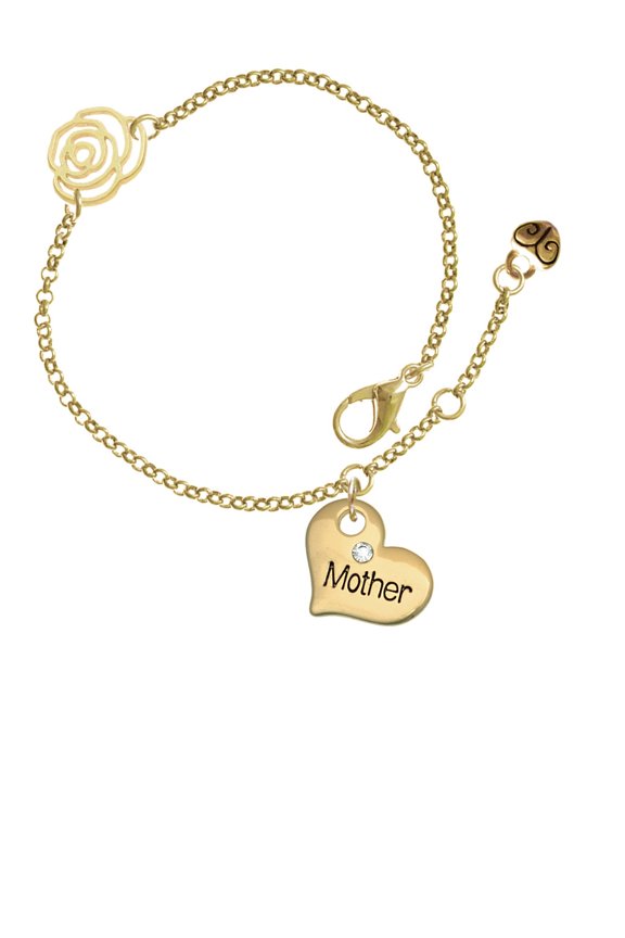 Goldtone Large Mother Heart with Crystal - Gold-tone Rose Link Chain Bracelet, 6.25"+1.75" Extender