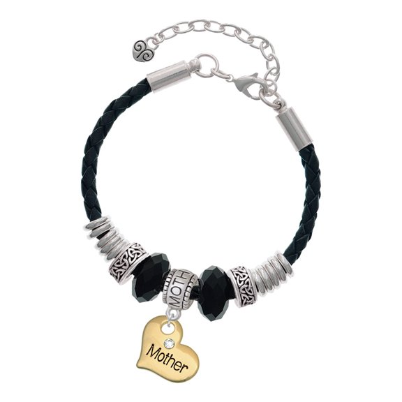 Delight Jewelry Goldtone Large Mother Heart with Crystal - Mother Celtic Knot Leather Bead Bracelet, 7"+2" Extender