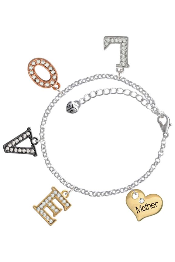 Goldtone Large Mother Heart with Crystal - Multi-Colored Crystal Love Charm Bracelet