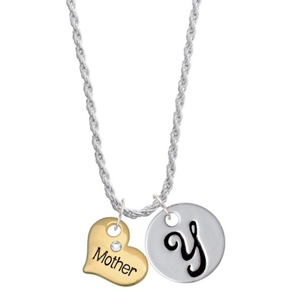 Delight Jewelry Goldtone Large Mother Heart with Crystal - Silvertone Script Initial Disc - Y - Charm Necklace, 20"+3"