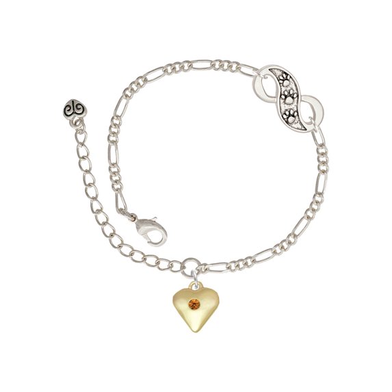Delight Jewelry Goldtone Large November - Yellow Crystal Heart Silver-tone Paw Infinity Link Chain Bracelet, 6"+2" Extender