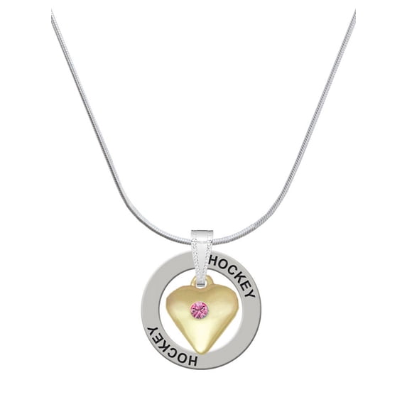Delight Jewelry Goldtone Large October - Hot Pink Crystal Heart Hockey Ring Charm Necklace, 18"