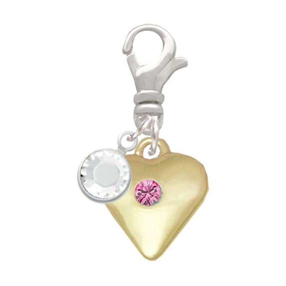 Delight Jewelry Goldtone Large October - Hot Pink Crystal Heart - Silvertone Clip on Charm with Clear Crystal Drop