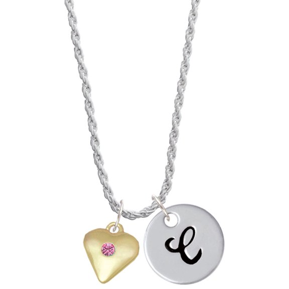 Delight Jewelry Goldtone Large October - Hot Pink Crystal Heart Silvertone Script Initial Disc - C - Charm Necklace, 20"+3"
