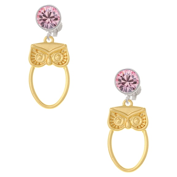 Delight Jewelry Goldtone Large Owl Outline Pink Crystal Clip on Earrings