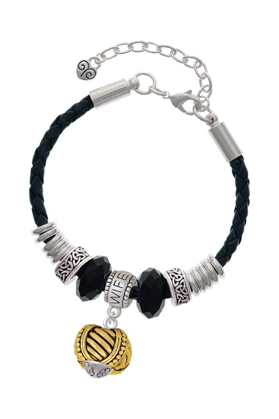 Goldtone Large Rope with Cross Spinner Wife Celtic Knot Leather Bead Bracelet, 7"+2" Extender