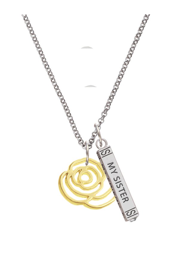 Goldtone Large Rose Outline Silvertone Always My Sister Bar Charm Necklace, 23"