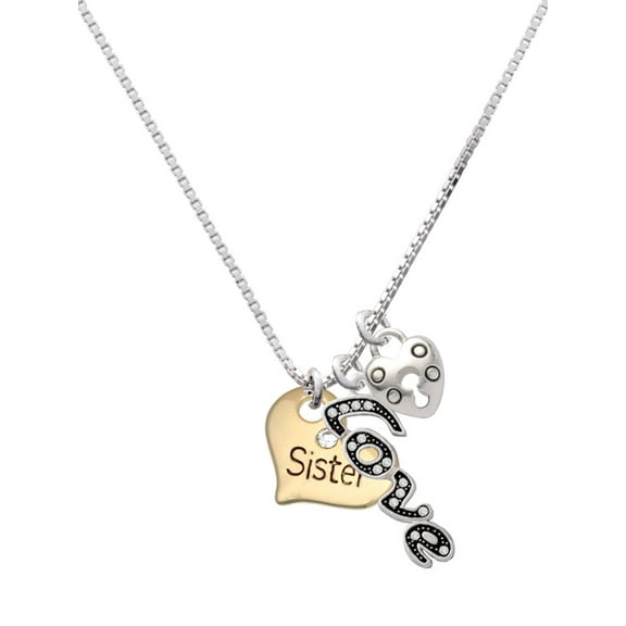 Delight Jewelry Goldtone Large Sister Heart with Clear Crystal - - Love and Lock Charm Necklace, 18"+1"