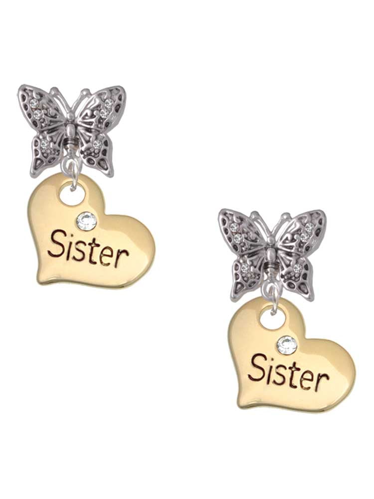 Delight Jewelry Goldtone Large Sister Heart with Clear Crystal - Silvertone Antiqued Butterfly Post Earrings