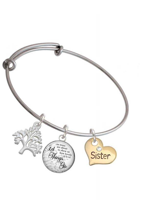 Goldtone Large Sister Heart with Clear Crystal - Silvertone Let Things Go Tree Charm Bangle Bracelet