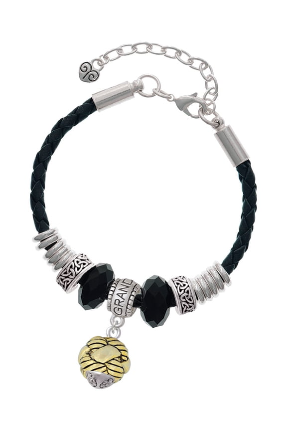 Goldtone Large Woven Rope Spinner Granddaughter Celtic Knot Leather Bead Bracelet, 7"+2" Extender