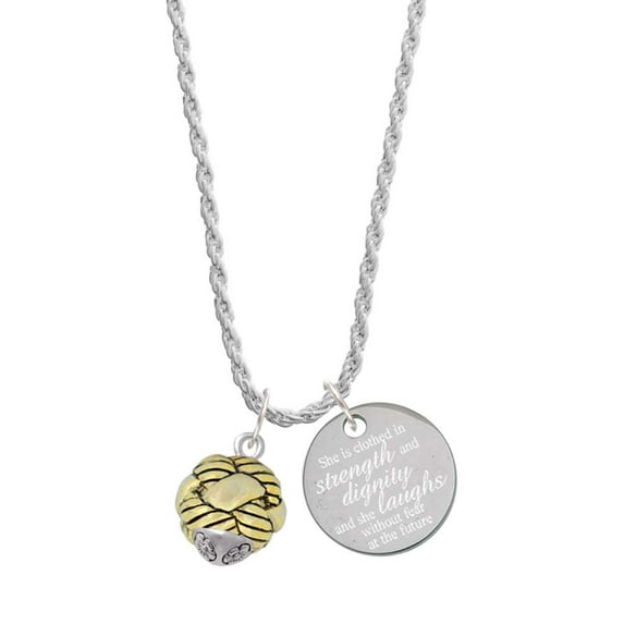 Delight Jewelry Goldtone Large Woven Rope Spinner She is Clothed in Stength and Dignity Charm Necklace, 20"+3"
