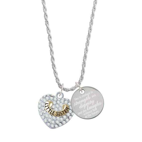 Delight Jewelry Goldtone Little Sister Rock on Clear Crystal Heart She is Clothed in Stength and Dignity Charm Necklace, 20"+3"