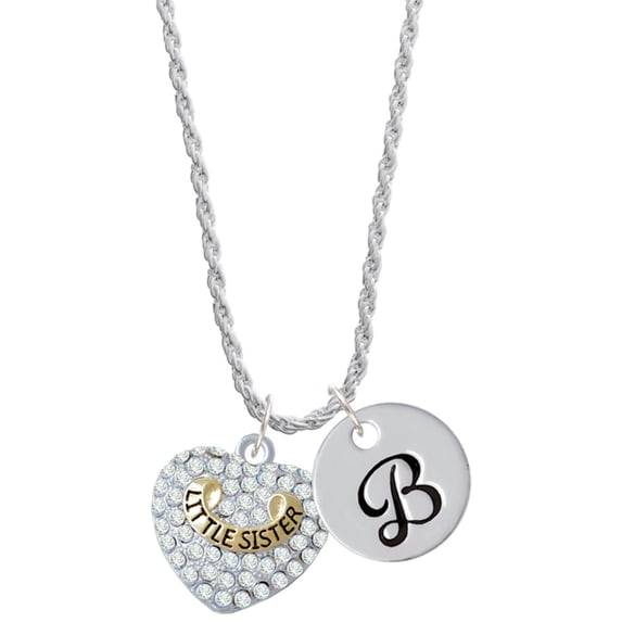 Delight Jewelry Goldtone Little Sister Rock on Clear Crystal Heart Silvertone Script Initial Disc - B - Charm Necklace, 20"+3"