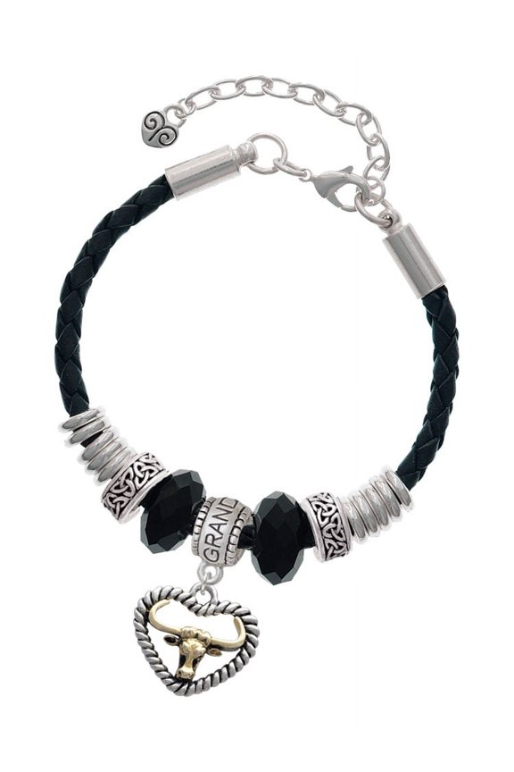 Goldtone Longhorn in Rope Heart Granddaughter Celtic Knot Leather Bead Bracelet, 7"+2" Extender