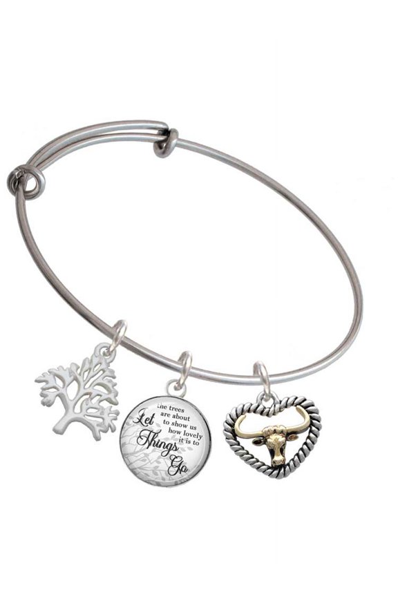 Goldtone Longhorn in Rope Heart Silvertone Let Things Go Tree Charm Bangle Bracelet