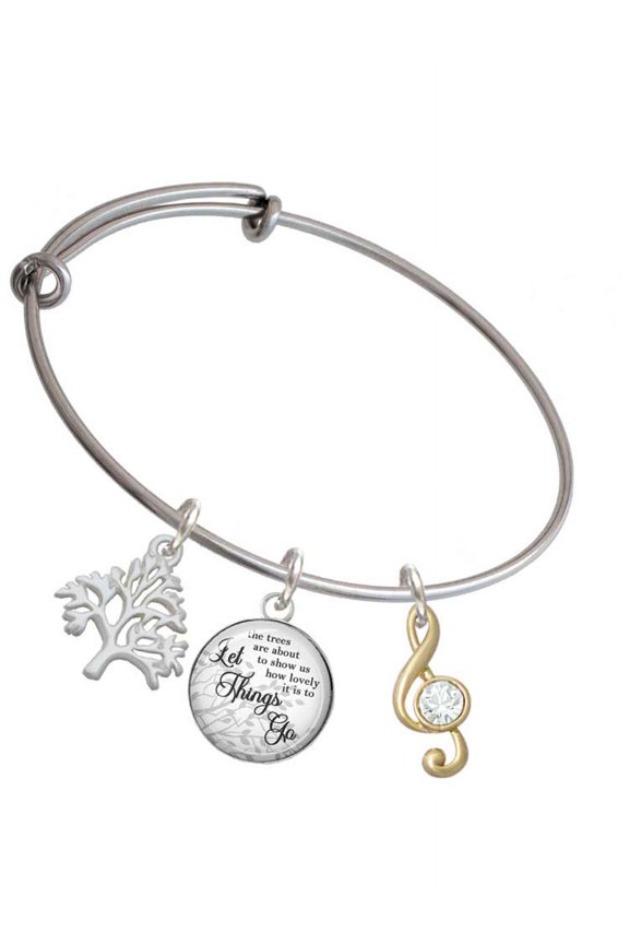 Goldtone Medium Clef with Crystal Silvertone Let Things Go Tree Charm Bangle Bracelet