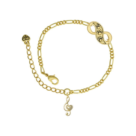 Delight Jewelry Goldtone Medium Clef with Heart Gold-tone Paw Infinity Link Chain Bracelet, 6"+2" Extender