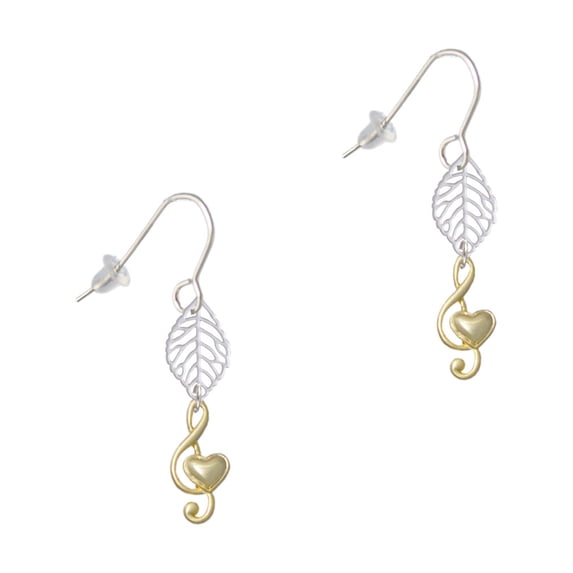 Delight Jewelry Goldtone Medium Clef with Heart Silvertone Leaf French Earrings