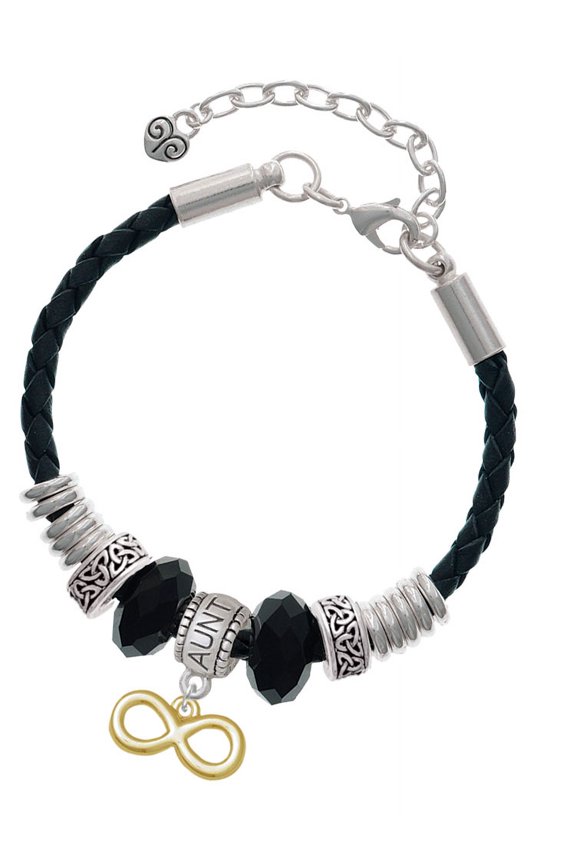 Goldtone Medium Infinity Sign Aunt Celtic Knot Leather Bead Bracelet, 7"+2" Extender