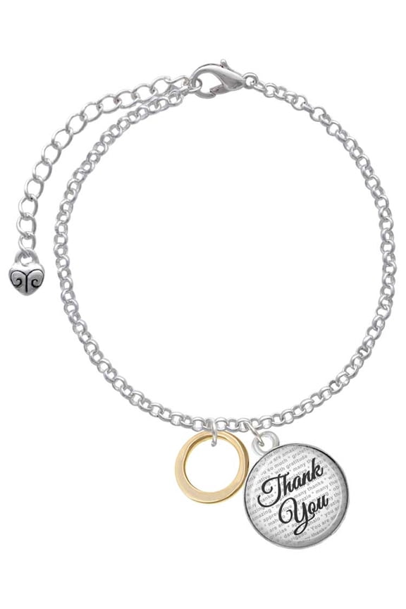 Goldtone Medium Karma Ring - Domed Thank You Charm Bracelet, 6"+2"