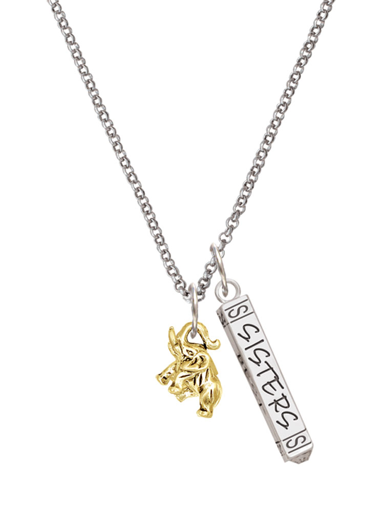 Delight Jewelry Goldtone Mini 3-D Elephant Silvertone Sisters Best Friends Forever Bar Charm Necklace, 23"