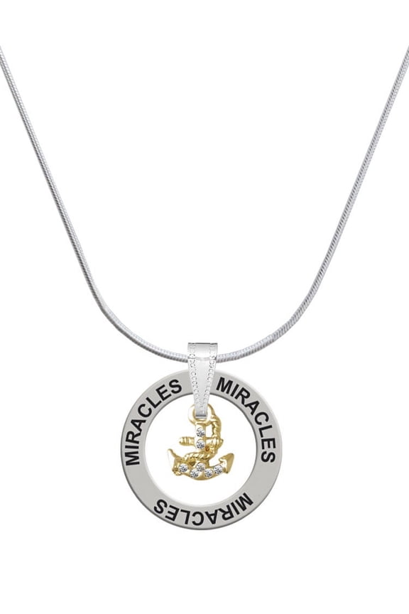 Goldtone Mini Crystal Anchor of Hope Miracles Ring Charm Necklace, 18"
