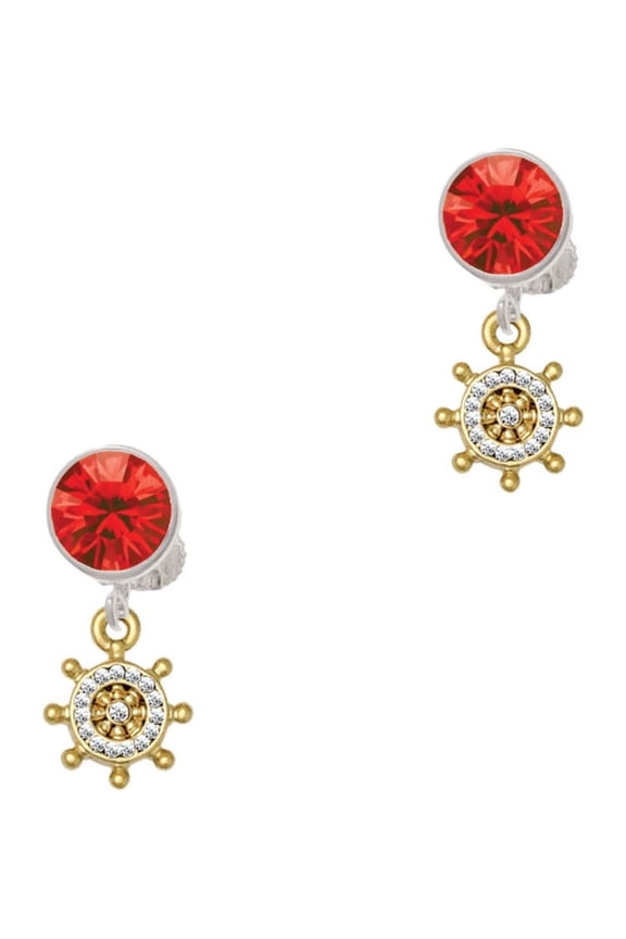 Goldtone Mini Crystal Ship Wheel - Navigation Red Crystal Clip on Earrings