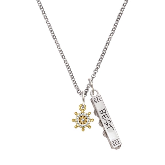 Delight Jewelry Goldtone Mini Crystal Ship Wheel - Navigation Silvertone Best Friends Forever Bar Charm Necklace, 23"