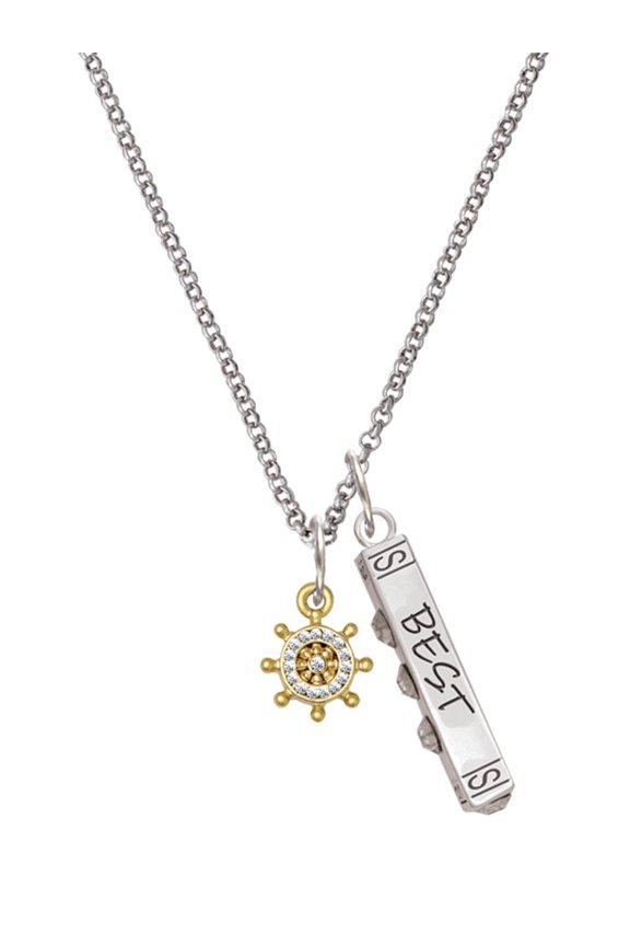 Goldtone Mini Crystal Ship Wheel - Navigation Silvertone Best Friends Forever Bar Charm Necklace, 23"