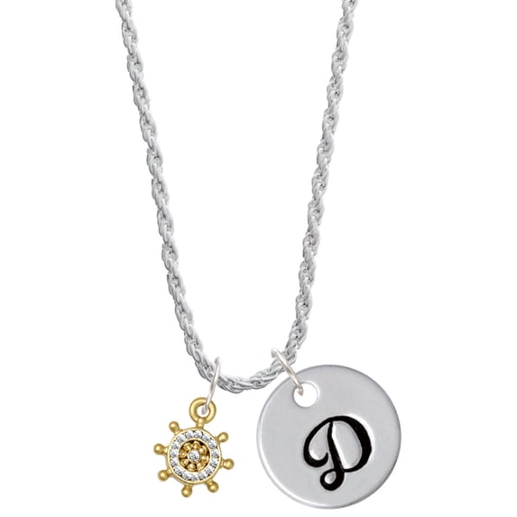 Delight Jewelry Goldtone Mini Crystal Ship Wheel - Navigation Silvertone Script Initial Disc - D - Charm Necklace, 20"+3"