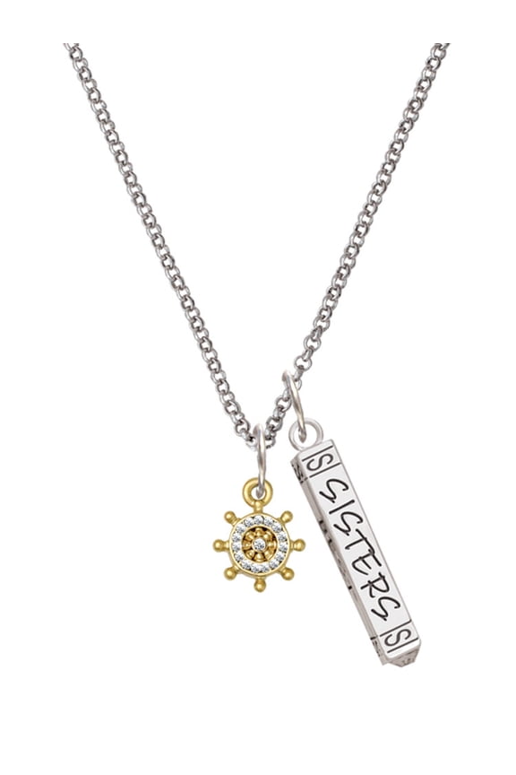 Goldtone Mini Crystal Ship Wheel - Navigation Silvertone Sisters Best Friends Forever Bar Charm Necklace, 23"