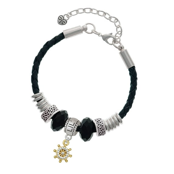 Delight Jewelry Goldtone Mini Crystal Ship Wheel - Navigation Sister Celtic Knot Leather Bead Bracelet, 7"+2" Extender
