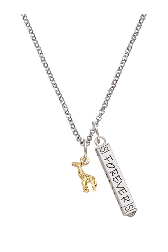 Goldtone Mini Giraffe Silvertone Forever Bar Charm Necklace, 23"