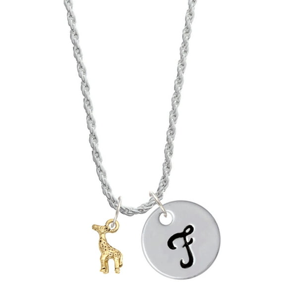Delight Jewelry Goldtone Mini Giraffe Silvertone Script Initial Disc - F - Charm Necklace, 20"+3"
