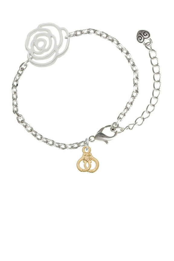 Goldtone Mini Handcuffs Silver-tone Flower Link Chain Bracelet, 6.75"+2" Extender