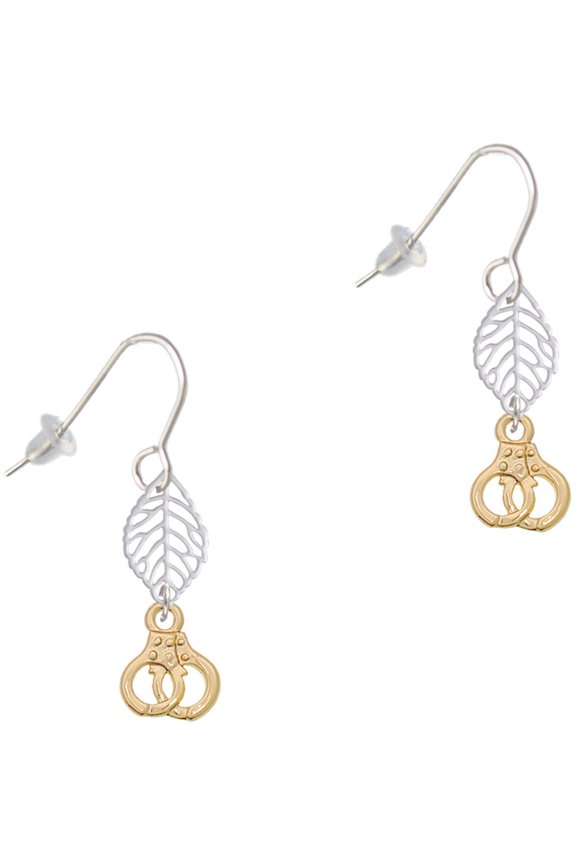 Goldtone Mini Handcuffs Silvertone Leaf French Earrings