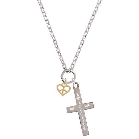Delight Jewelry Goldtone Mini Heart Peace Sign I Set You Apart Engraved Cross Zoey Necklace, 28"