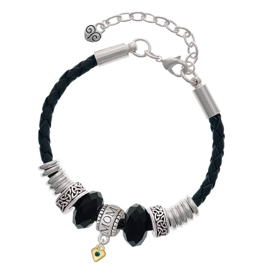 Delight Jewelry Goldtone Mini May - Green Crystal Heart Mom Celtic Knot Leather Bead Bracelet, 7"+2" Extender