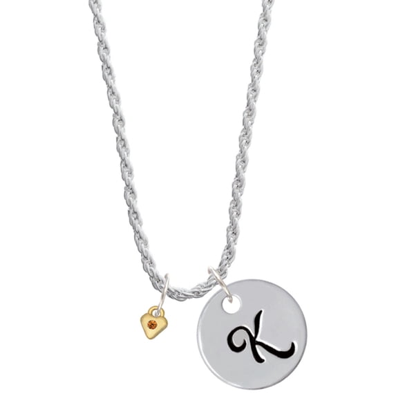 Delight Jewelry Goldtone Mini November - Yellow Crystal Heart Silvertone Script Initial Disc - K - Charm Necklace, 20"+3"