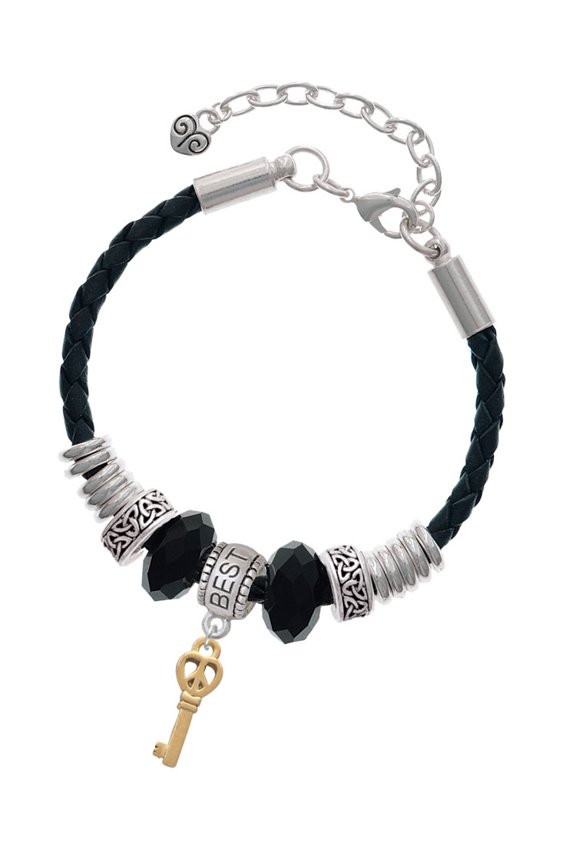 Goldtone Mini Open Peace Heart Key Best Friend Celtic Knot Leather Bead Bracelet, 7"+2" Extender