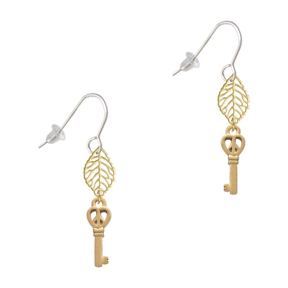 Delight Jewelry Goldtone Mini Open Peace Heart Key Goldtone Leaf French Earrings