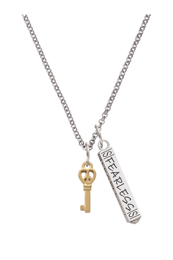 Goldtone Mini Open Peace Heart Key Silvertone Fearless Bar Charm Necklace, 23"