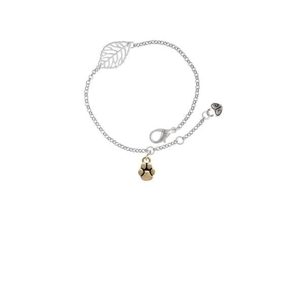Delight Jewelry Goldtone Mini Rounded Paw - Silvertone Leaf Delicate Bracelet, 6.25+1.75"