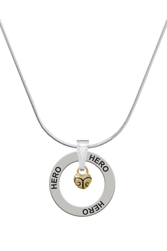 Goldtone Mini Scroll Heart Hero Ring Charm Necklace, 18"