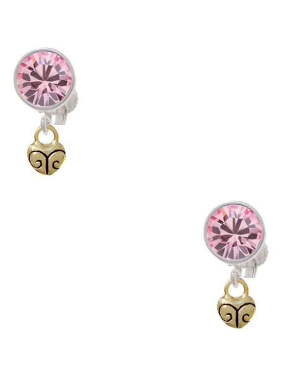 Goldtone Mini Scroll Heart Pink Crystal Clip on Earrings